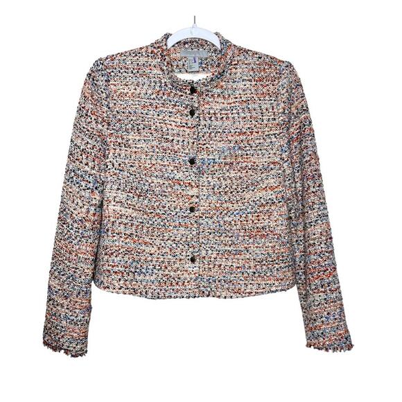 H & M Textured Jacket Women 8 Orange Multi Short Straight Cut Collared Boho - Picture 1 of 6